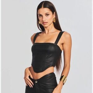 Retrofête JAYLEE COATED DENIM TOP nwt black faux leather cropped sleeveless tube